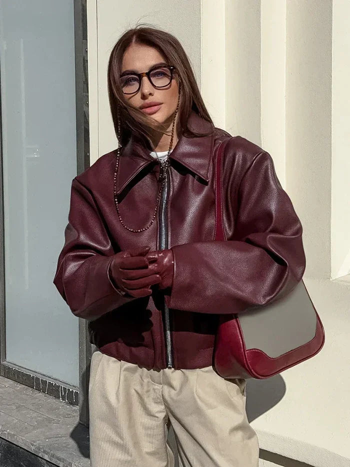 Women’s Autumn Burgundy Bomber Jacket | Short