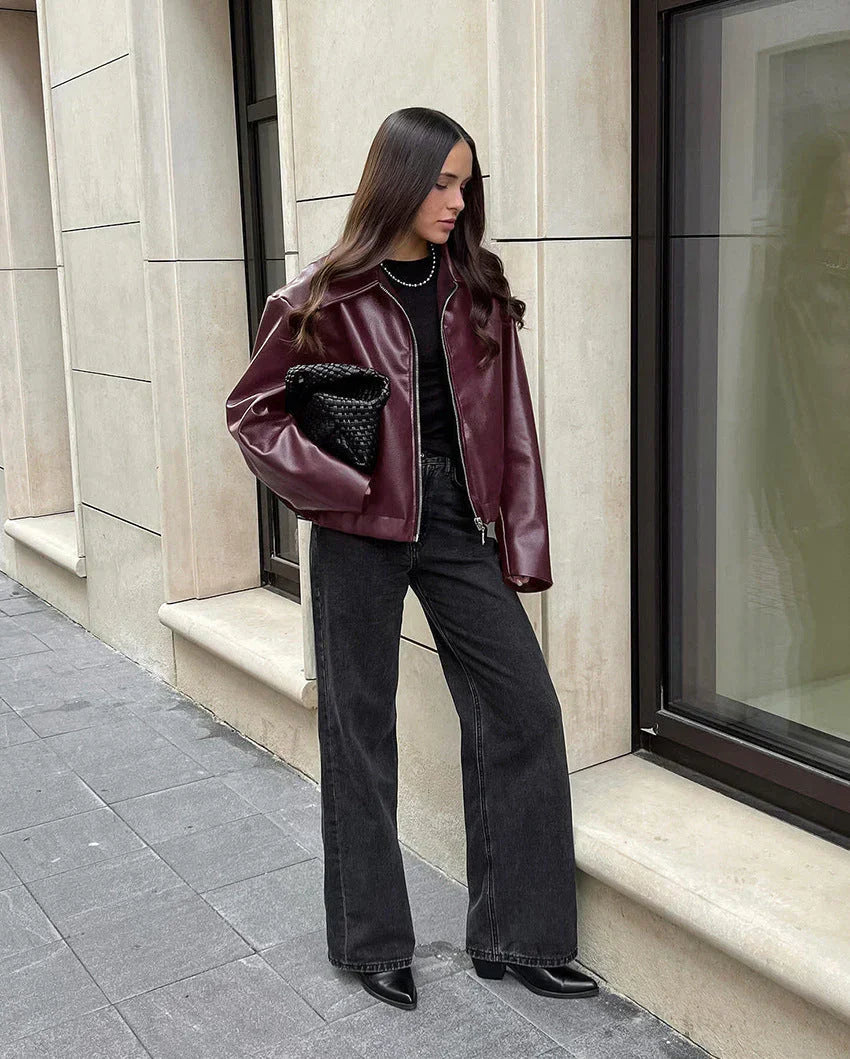 Women’s Autumn Burgundy Bomber Jacket | Short