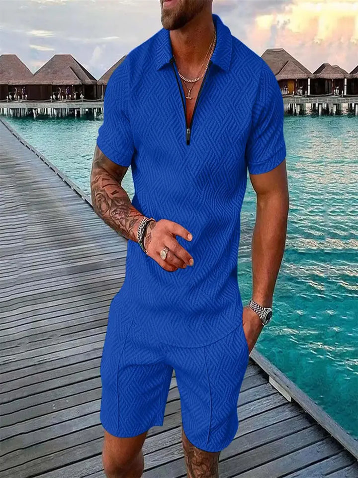 Men’s Textured Zipper Polo Set | Shirt & Shorts