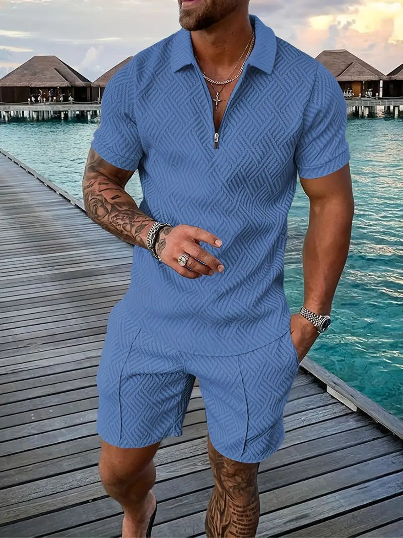 Men’s Textured Zipper Polo Set | Shirt & Shorts