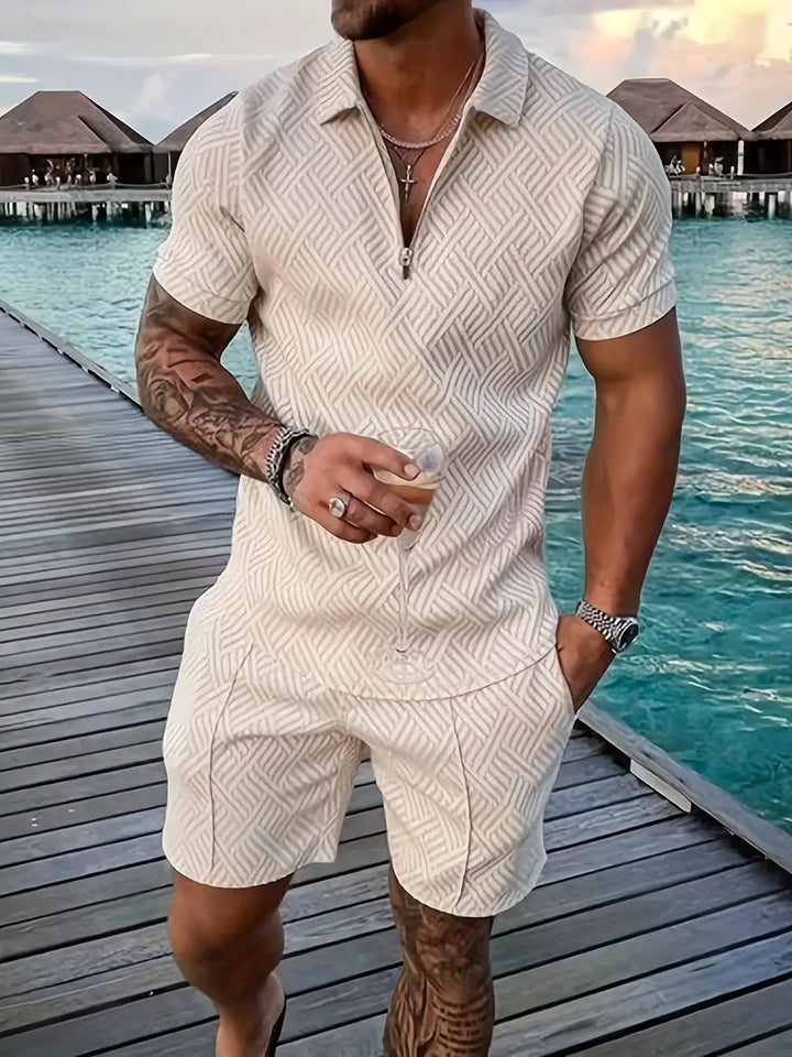 Men’s Textured Zipper Polo Set | Shirt & Shorts