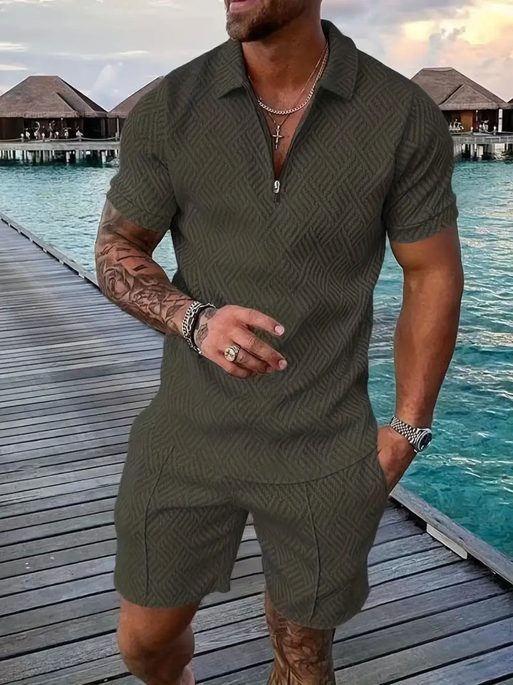 Men’s Textured Zipper Polo Set | Shirt & Shorts