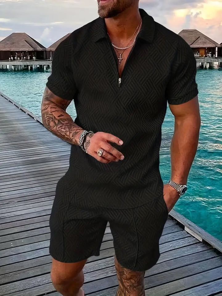 Men’s Textured Zipper Polo Set | Shirt & Shorts