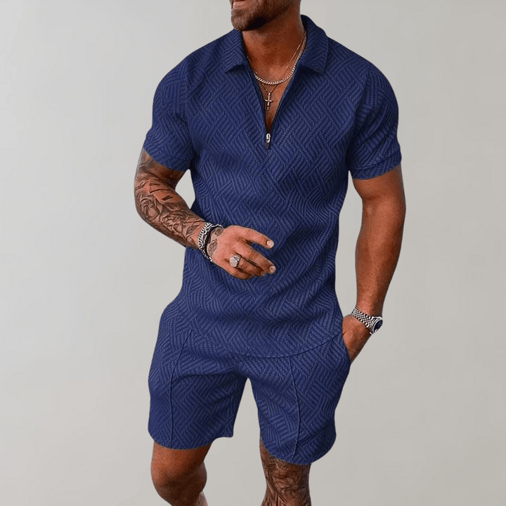 Men’s Textured Zipper Polo Set | Shorts and Shirt