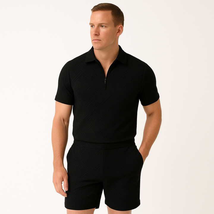 Men’s Textured Zipper Polo Set | Shorts and Shirt