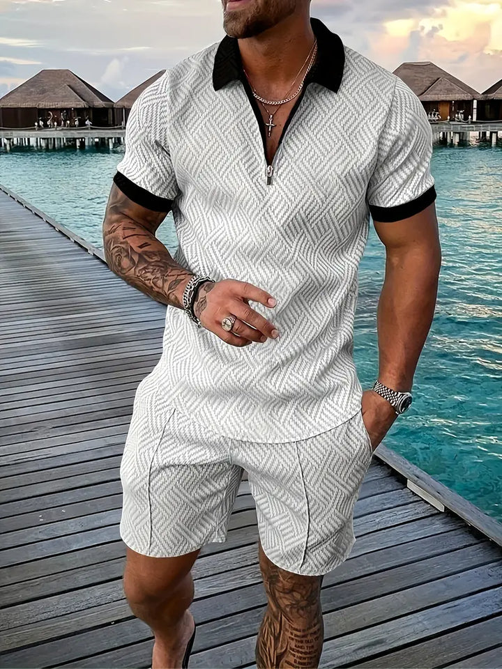 Men’s Textured Zipper Polo Set | Shirt & Shorts