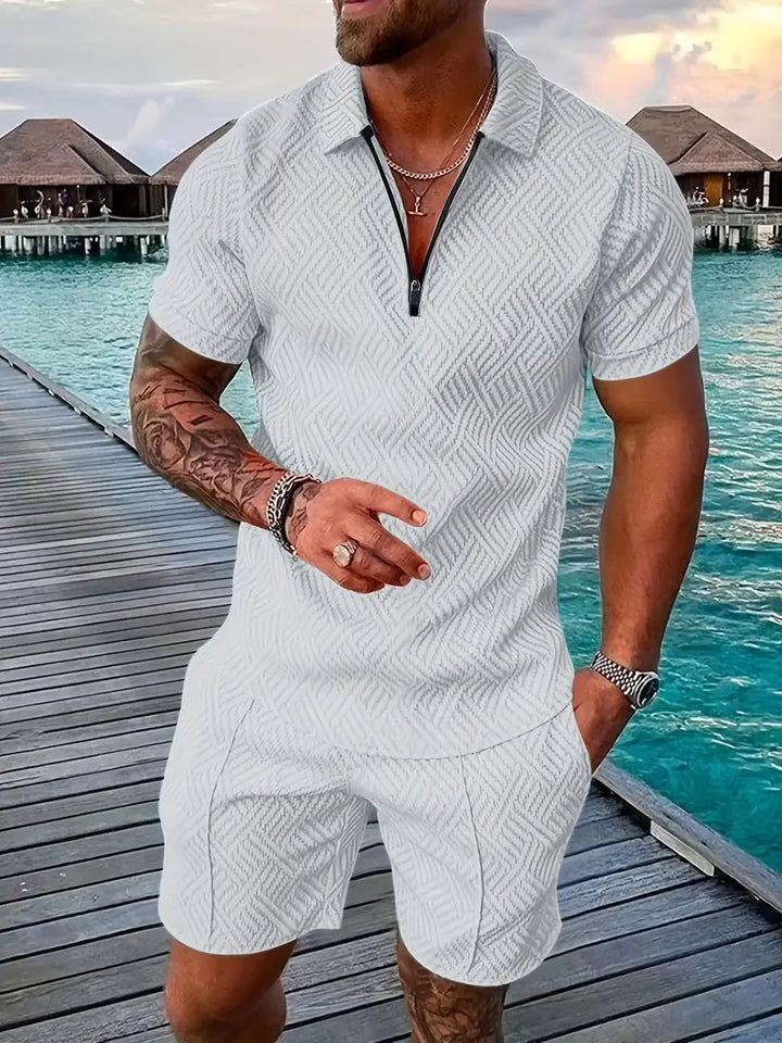 Men’s Textured Zipper Polo Set | Shirt & Shorts