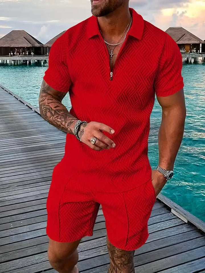 Men’s Textured Zipper Polo Set | Shirt & Shorts