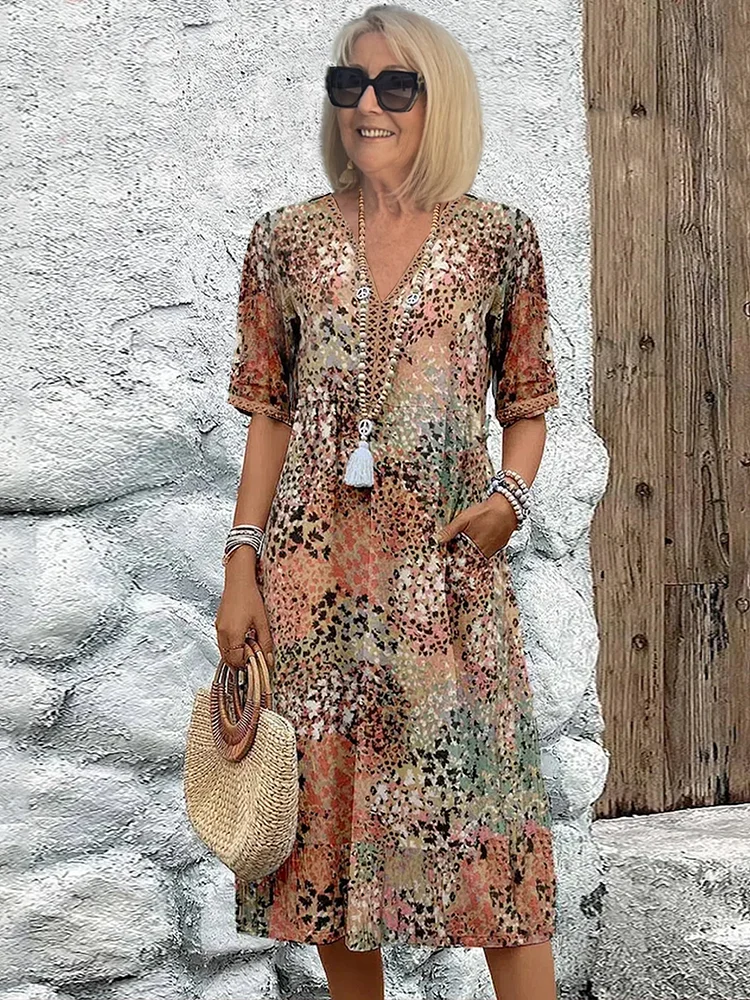 Women’s Printed V-Neck Dress | Midi