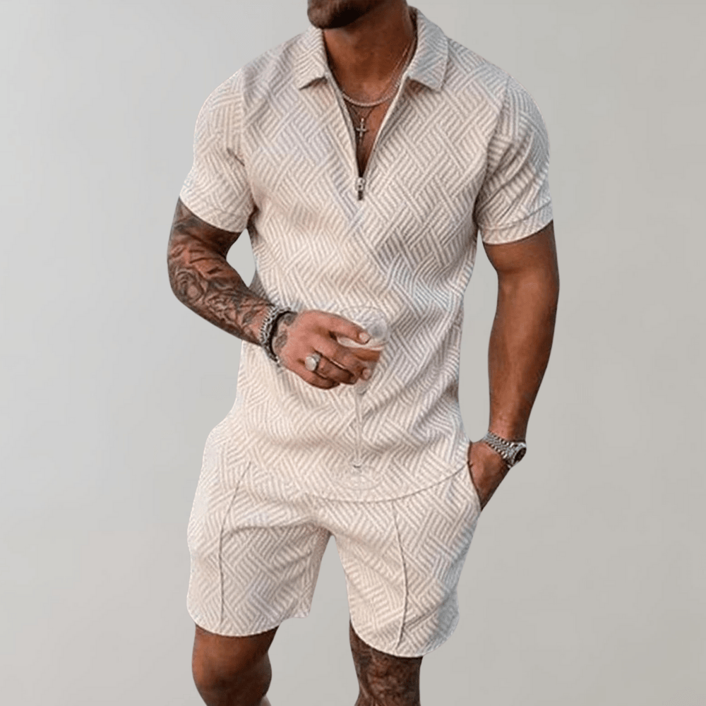 Men’s Textured Zipper Polo Set | Shorts and Shirt