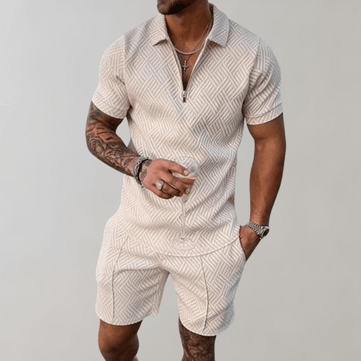 Men’s Textured Zipper Polo Set | Shorts and Shirt