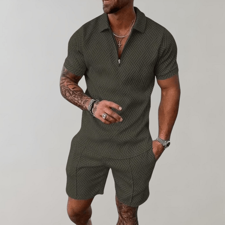 Men’s Textured Zipper Polo Set | Shorts and Shirt