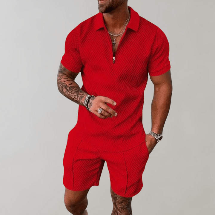 Men’s Textured Zipper Polo Set | Shorts and Shirt